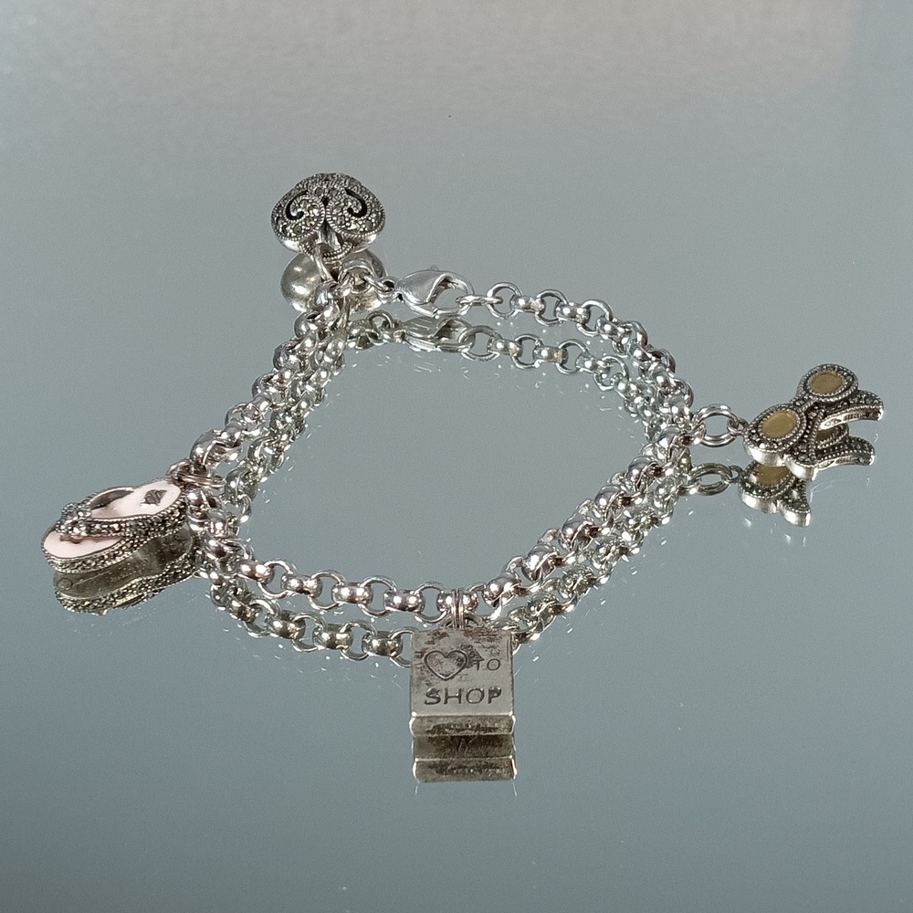 Sterling Silver Charm Bracelet Flip Flop Sunglasses Heart Shopping Bag Marcasite